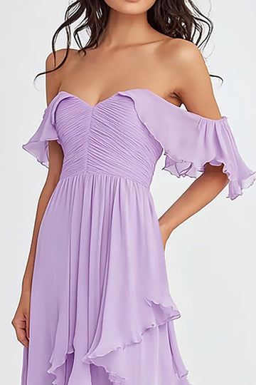 Ruffled Pleated Lilac Off the Shoulder A Line Formal Dress